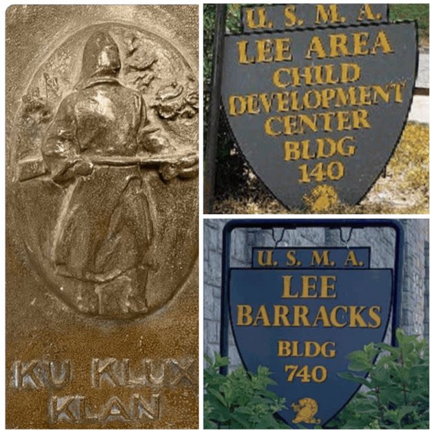 A naming commission took issue with various Confederacy-affiliated assets at West Point. At left, a marker at West Point bears the words “Ku Klux Klan” below a relief of a hooded figure carrying a rifle. (Photo: The Naming Commission)