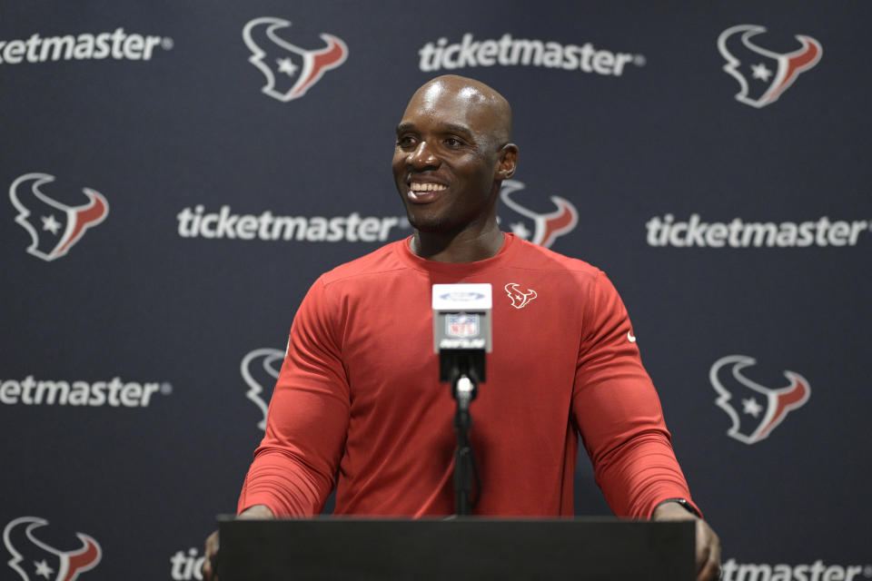 Houston Texans head coach DeMeco Ryans talks with reporters after an NFL football game against the Jacksonville Jaguars, Sunday, Sept. 24, 2023, in Jacksonville, Fla. (AP Photo/Phelan M. Ebenhack)