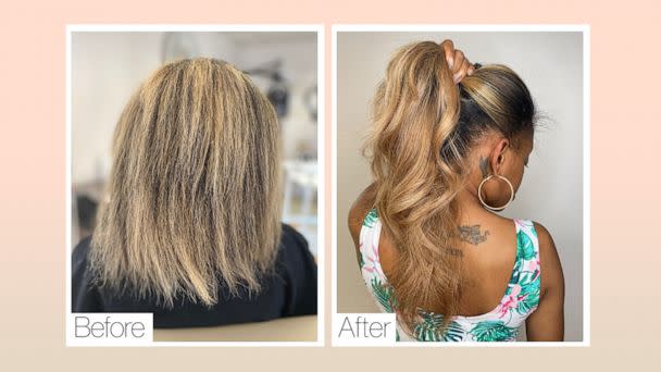 Nidiyah Salahuddin is photographed at The Mane Loft in Cliffside Park, NJ wearing curly microlink extensions.  (ABC News Photo illustration, courtesy of The Mane Loft / Nidiyah Salahuddin)