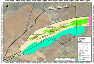 District scale geology map of Osino’s Twin Hills gold system and location of mineral resources/discoveries