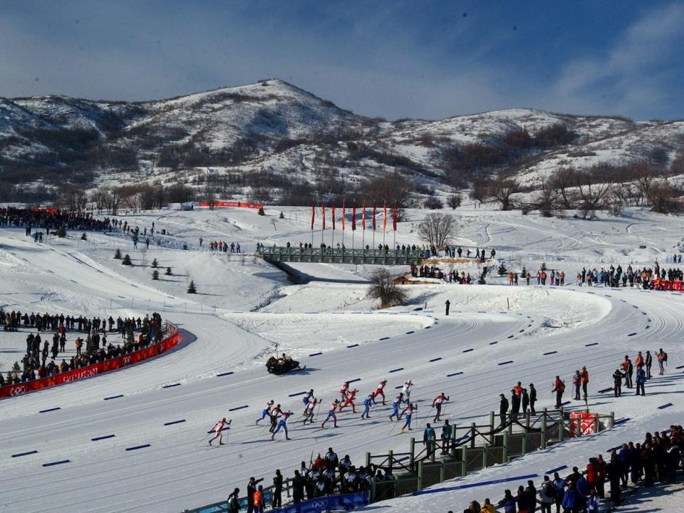 Competitors begin the men's 4x10Km cross-country relay at the Winter Olympics Sunday in 2002.