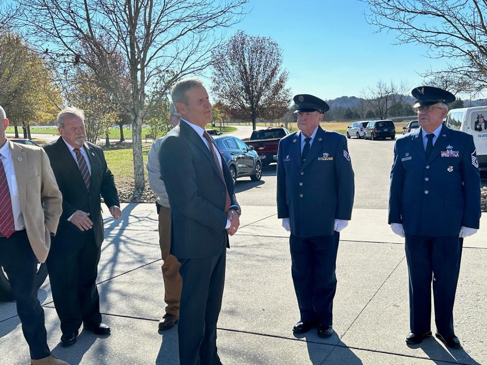 Governor Bill Lee speaks to members of the Tennessee Veterans Honor Guard at the East TN Veterans Cemetery on November 29, 2023.