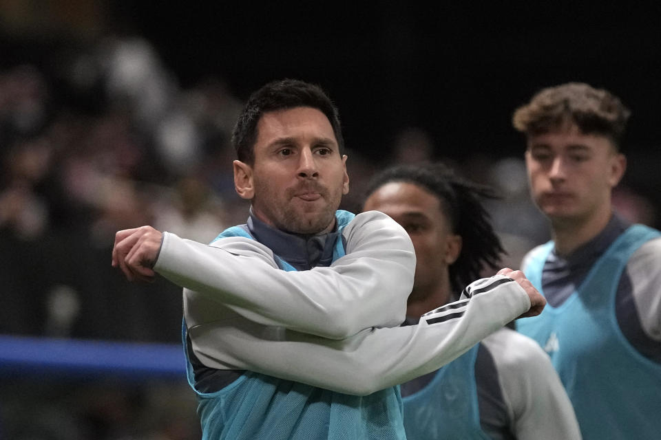 Inter Miami's Lionel Messi warms up during the Riyadh Season Cup soccer match between Inter Miami and Al Nassr at Kingdom Arena Stadium in Riyadh, Saudi Arabia, Thursday, Feb. 1, 2024. (AP Photo/Amr Nabil)