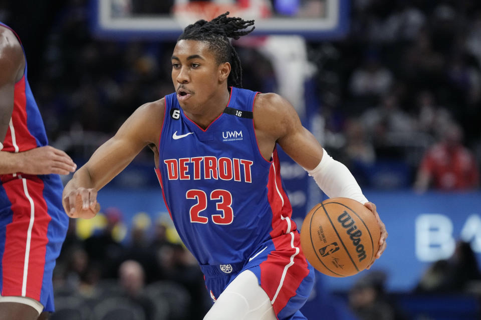 Detroit Pistons guard Jaden Ivey drives during the first half of an NBA basketball game against the Dallas Mavericks, Thursday, Dec. 1, 2022, in Detroit. (AP Photo/Carlos Osorio)