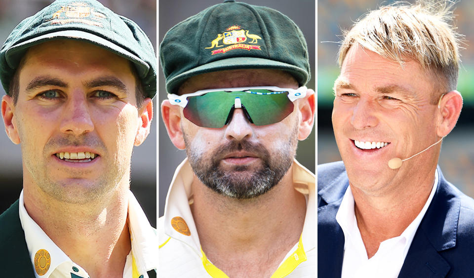 Pictured L-R: Pat Cummins, Nathan Lyon, Shane Warne