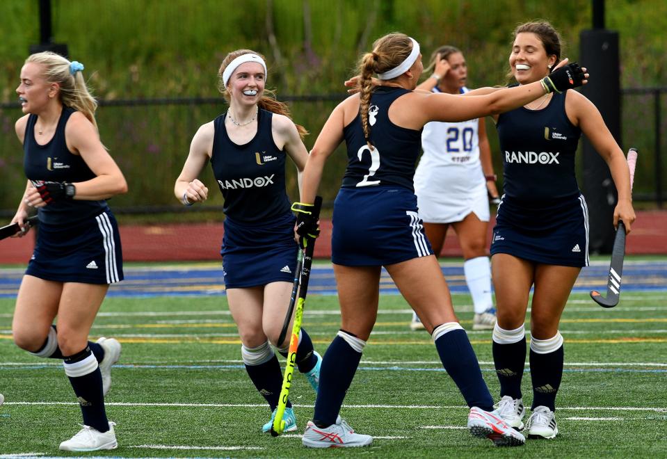 Ulster University's Ellen McCarlie, right, hugs Katie Craig after scoring the first goal against Worcester State on Tuesday.