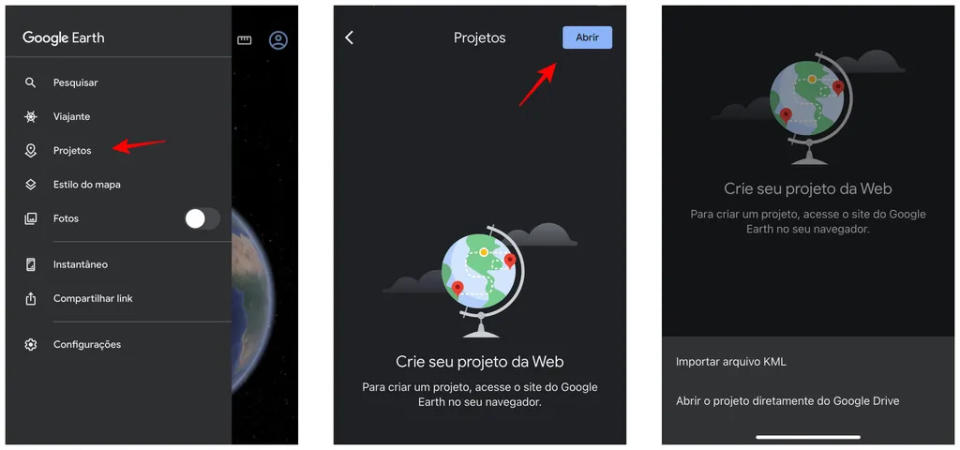 Abra arquivos KML no Google Earth para Android e <a class="link " href="https://canaltech.com.br/produto/apple/iphone/" rel="nofollow noopener" target="_blank" data-ylk="slk:iPhone">iPhone</a> (Captura de tela: Thiago Furquim/Canaltech)