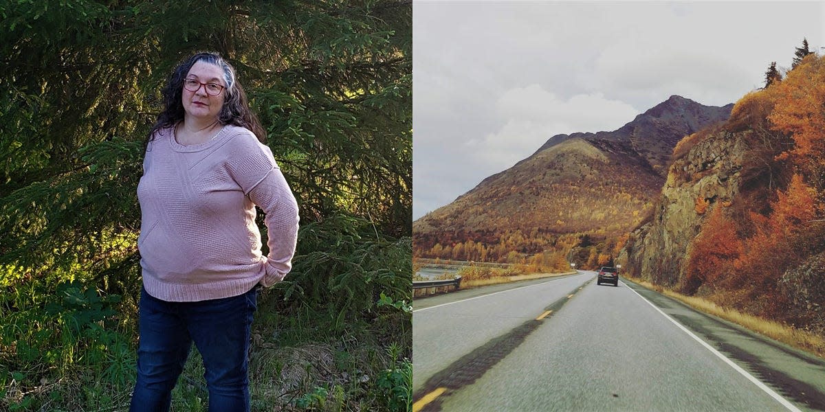 On the left, Nichole in pink sweater in front of forest. On the right, view of Alaska mountains from the car