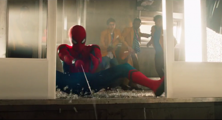 Spider-Man (Holland) tries to stop elevator from plummeting down shaft. (Sony/Marvel)