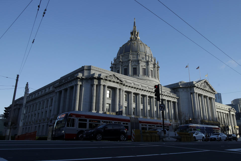 FILE - The City Hall building is shown in San Francisco on Jan. 7, 2020. The body of the late U.S. Sen. Dianne Feinstein will lie in state Wednesday, Oct. 4, 2023, at City Hall for mourners wishing to say goodbye to their 'forever mayor.' It is the building where Feinstein served as supervisor and the city's first female mayor before departing for a groundbreaking career in Congress three decades ago. (AP Photo/Jeff Chiu, File)