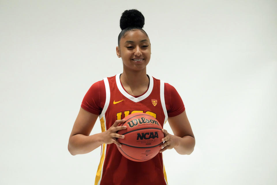 Oct 10, 2023; Las Vegas, NV, USA; Southern California Trojans guard JuJu Watkins (12) poses during Pac-12 women’s basketball media day at Park MGM Las Vegas Conference Center. Kirby Lee-USA TODAY Sports