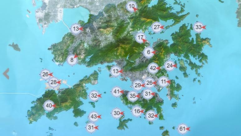天文台預料本港吹偏東強風，平均風速每小時超過40公里。陣風間中達烈風程度。(香港天文台)