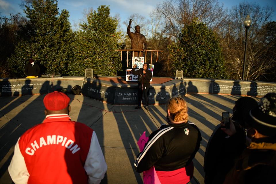 Myah Warren speaks at a Justice for Jason Walker rally at MLK Memorial Park on Monday, Jan. 17, 2022. Walker, 37, was shot and killed on Saturday, Jan. 8, by an off-duty Cumberland County Sheriff's deputy.