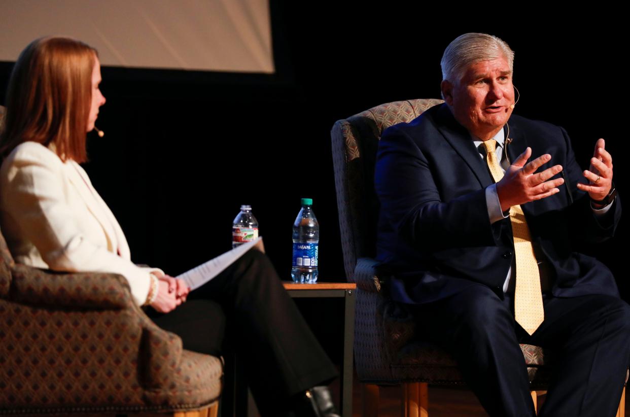 Roger Thompson, a finalist for the Missouri State University president job, answers questions at a forum in the Plaster Student Union auditorium on Thursday, Feb. 29, 2024.