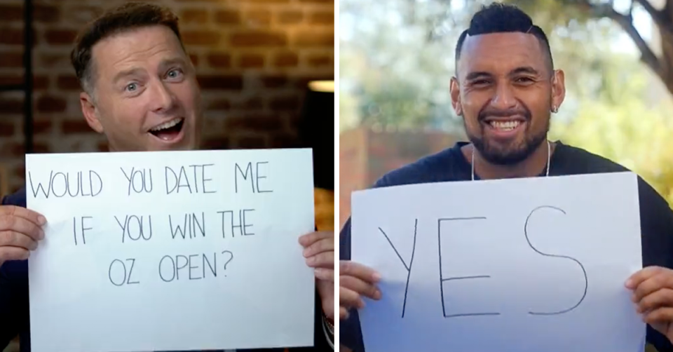 Today's Karl Stefanovic and Nick Kyrgios holding up cue cards.