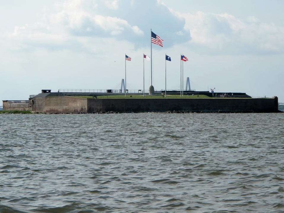 FILE - This file photo taken July 18, 2013 shows Fort Sumter in the harbor in Charleston, S.C., where the first shots of the Civil War were fired. The fort is now a museum accessible by a half-hour ferry ride or tour boat. (AP Photo/Bruce Smith, File)