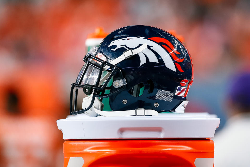 Aug 29, 2019; Denver, CO, USA; A detail view of a Denver Broncos helmet on the sidelines in the fourth quarter against the Arizona Cardinals at Broncos Stadium at Mile High. Mandatory Credit: Isaiah J. Downing-USA TODAY Sports