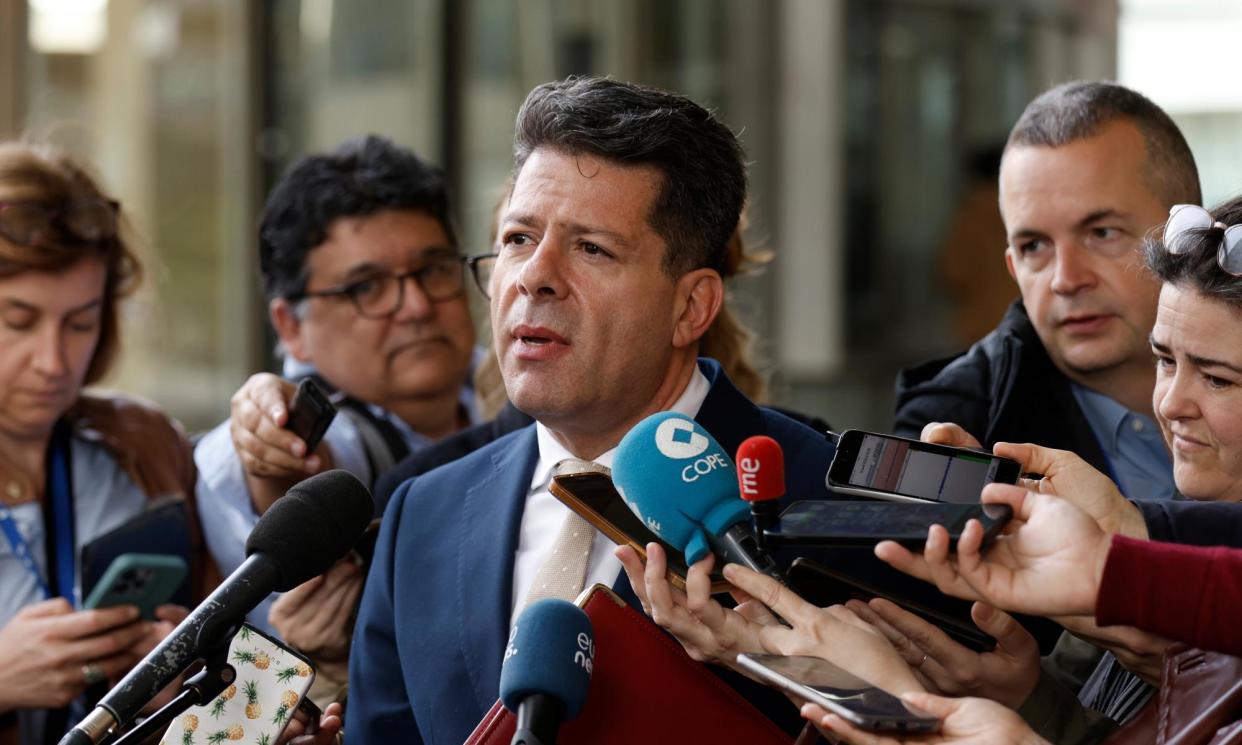 <span>Fabian Picardo speaks to the media outside the EU headquarters in Brussels on Friday</span><span>Photograph: Omar Havana/AP</span>