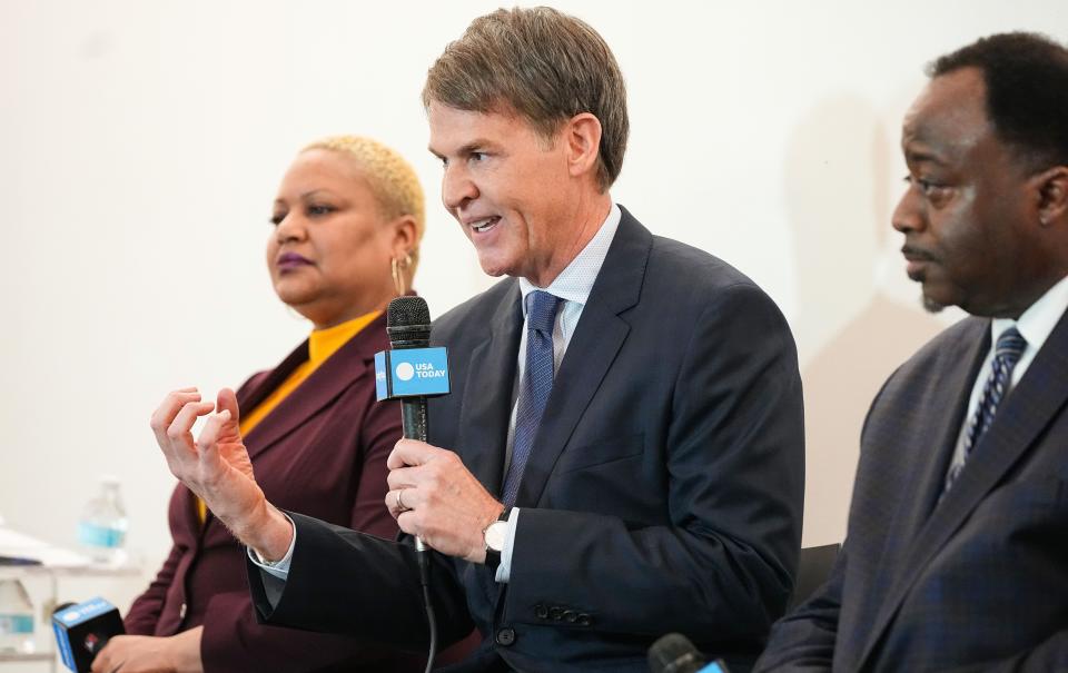 Republican mayoral candidate Jefferson Shreve answers questions during a mayoral Republican town hall on Thursday, March 30, 2023 at The Indianapolis Star in Indianapolis.