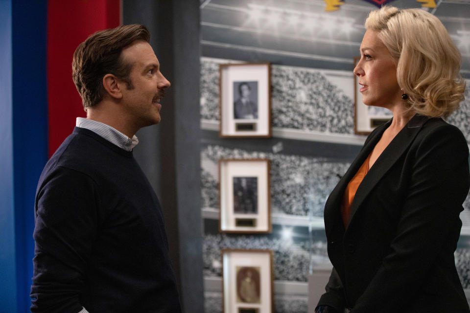 Jason Sudeikis and Hannah Waddingham in &#x00201c;Ted Lasso,&#x00201d; premiering globally on Friday, August 14, on Apple TV+.

