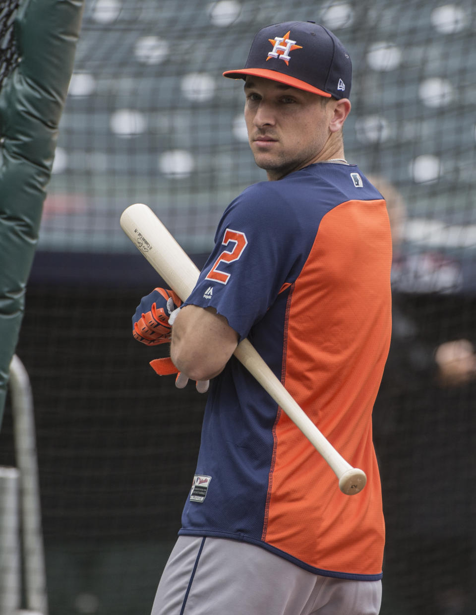 Houston Astros' Alex Bregman walks to the batting cage during a workout in Cleveland, Sunday, Oct. 7, 2018. The Astros are to play the Cleveland Indians in the third game of their ALDS series, Monday. (AP Photo/Phil Long)