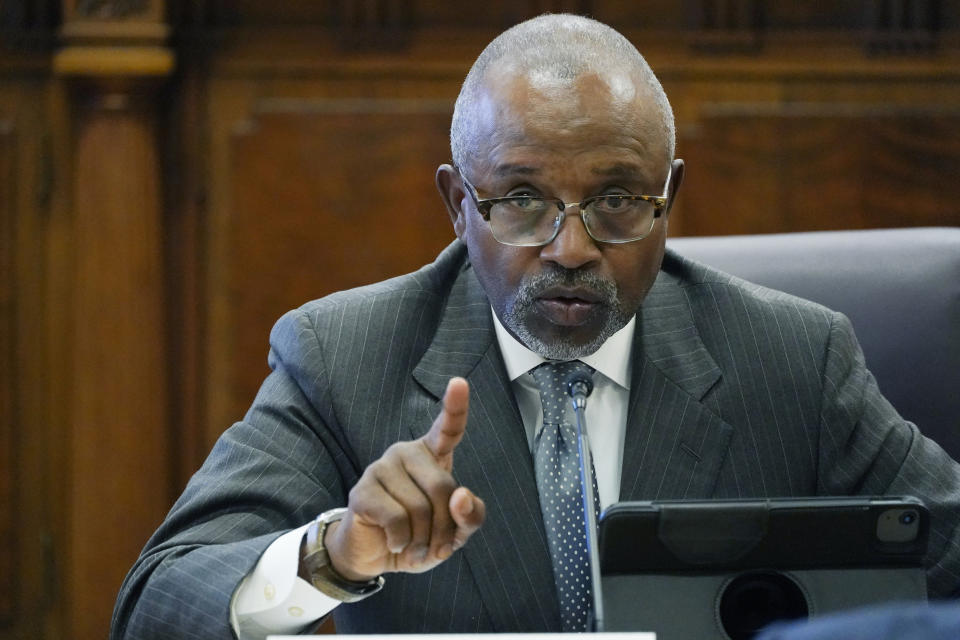 Rep. Robert L. Johnson III, House Minority Leader, speaks to members of the Mississippi House and Senate Democratic Caucuses, during a public hearing held at the Capitol in Jackson, Miss., to gain a better understanding of the welfare scandal, Tuesday, Oct. 18, 2022. (AP Photo/Rogelio V. Solis)