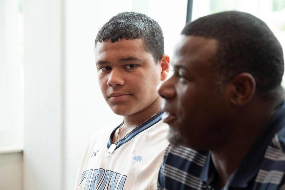 Baseball legend Ken Griffey Jr., came to Ten Oaks Middle School on Wednesday to visit 13-year-old Jordan Robinson and encourage him to continue to play baseball. Griffey personally delivered an invite for Robinson to go to the Hank Aaron Invitational baseball camp in Florida this summer. May 25, 2022.