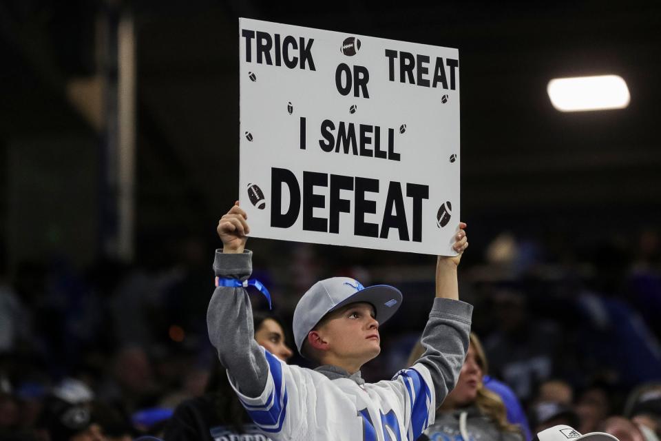 Lions fans cheer against the Raiders during the first half at Ford Field on Monday, Oct. 30, 2023.