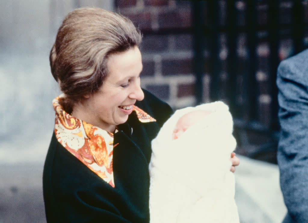 Princess Anne also posed on the steps with a baby Zara on 18th May 1981. (Photo by Keystone/Hulton Archive/Getty Images)
