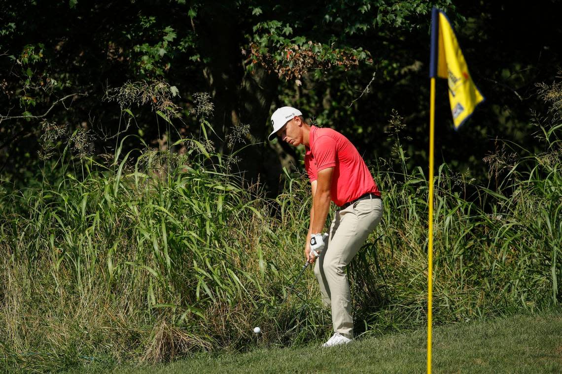 Matti Schmid tries to get his ball out of the bushes on hole 14 during the fourth round of the Barbasol Championship at Keene Trace Golf Club in Nicholasville, Ky., Sunday, July 10, 2022.