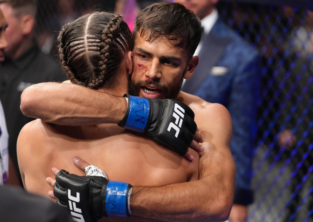 ELMONT, NEW YORK - JULY 16: (R-L) Yair Rodriguez of Mexico and Brian Ortega talk after their featherweight fight during the UFC Fight Night event at UBS Arena on July 16, 2022 in Elmont, New York. (Photo by Jeff Bottari/Zuffa LLC)