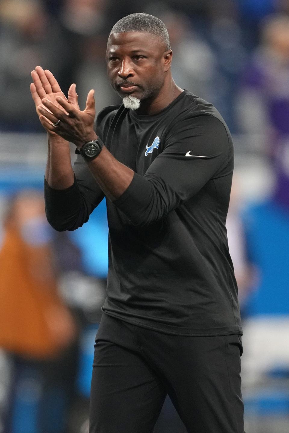 Detroit Lions defensive coordinator Aaron Glenn reacts prior to the regular season finale against the Minnesota Vikings at Ford Field on Jan. 7, 2024 in Detroit.