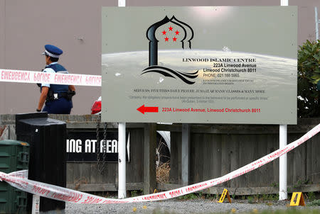 A police officer stands outside the Linwood Mosque, in Christchurch, New Zealand March 18, 2019. REUTERS/Edgar Su