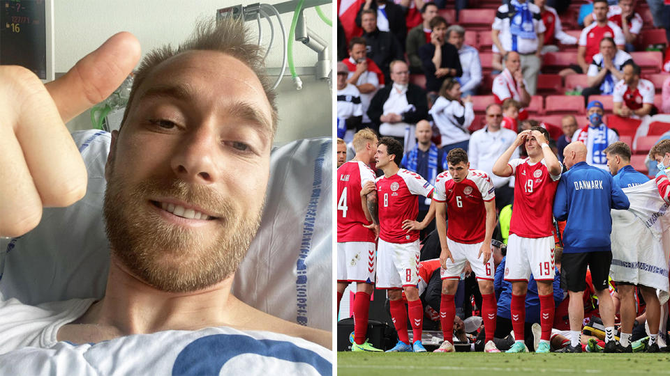 Denmark's Christian Eriksen shared a selfie with a thumbs up from his hospital bed, days after he suffered a cardiac arrest on field against Finland in the Euro 2020. Pictures: Instagram/Getty Images