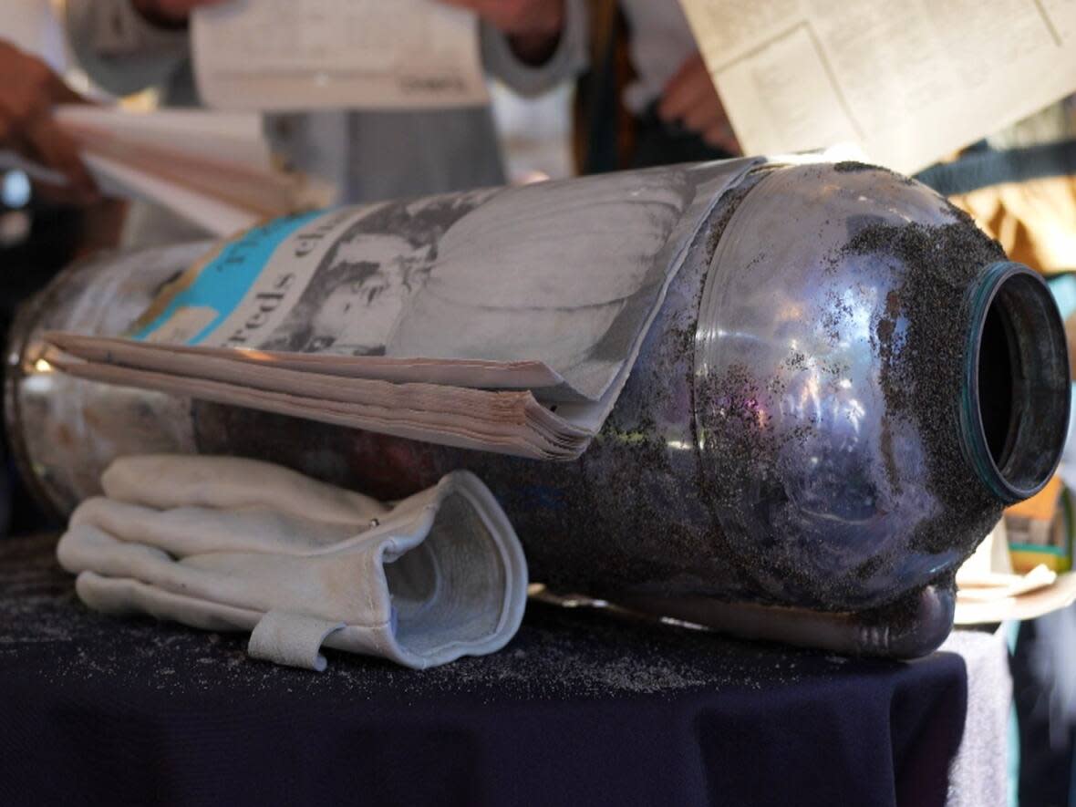 The time capsule unearthed at the University of British Columbia on Friday, Oct. 28, to mark 100 years since the 'great trek' student protest in 1922. (Maggie MacPherson/CBC News - image credit)