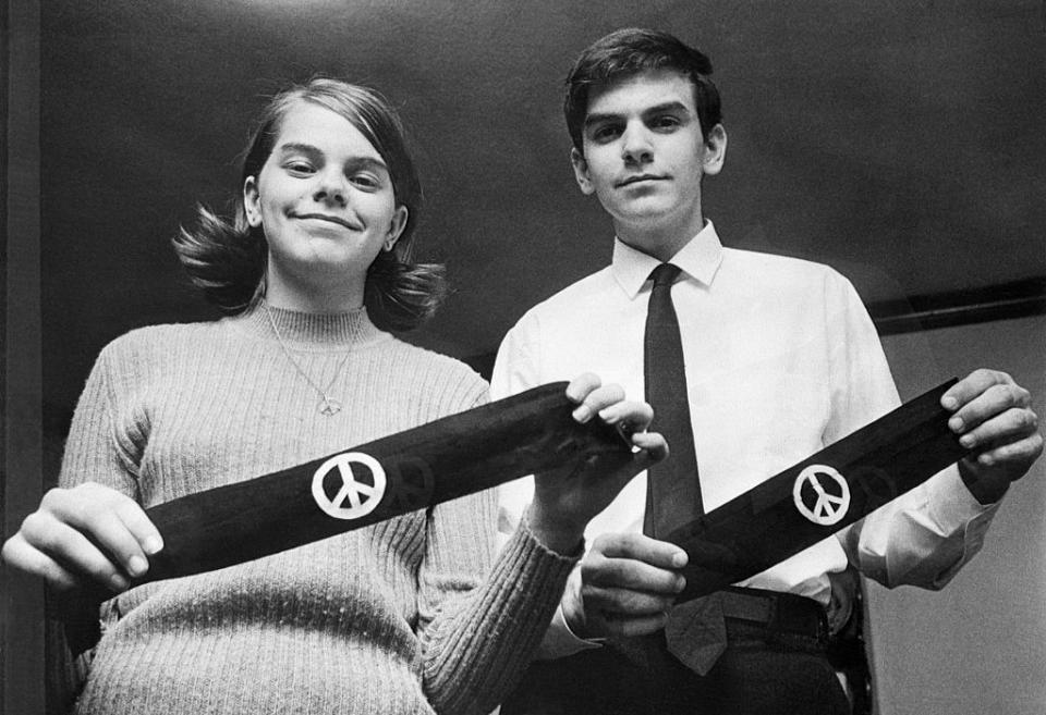 Mary Beth Tinker and her brother, John, display two black armbands central to the landmark Supreme Court opinion in 1969 that secured students’ First Amendment rights at school. The Tinkers were suspended from their schools in Des Moines, Iowa, for wearing the armbands to mourn Vietnam War casualties. (Photo via Getty Images)