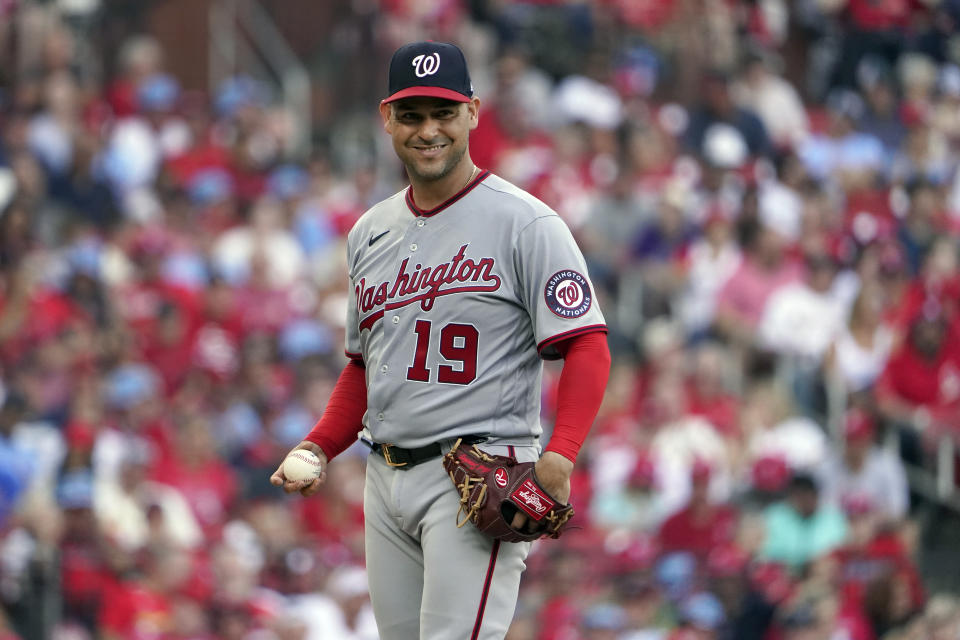 Washington Nationals starting pitcher Anibal Sanchez looks over at first base after giving up a single to St. Louis Cardinals' Yadier Molina during the fifth inning of a baseball game Monday, Sept. 5, 2022, in St. Louis. (AP Photo/Jeff Roberson)
