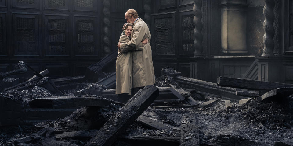 The queen and Prince Philip hold each other after the fire at Windsor Castle. (Keith Bernstein / Keith Bernstein)