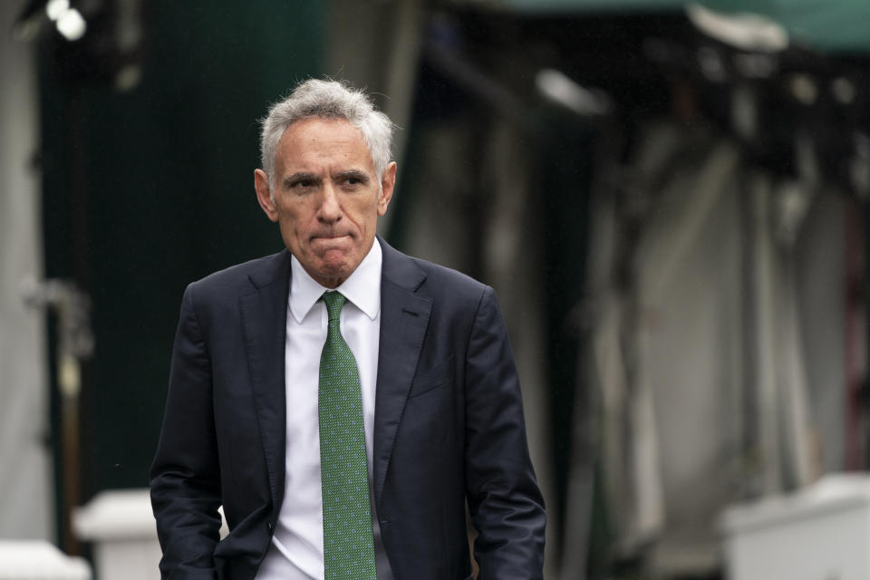 White House coronavirus adviser Dr. Scott Atlas departs after a television interview at the White House, Monday, Oct. 12, 2020, in Washington. (AP Photo/Alex Brandon)