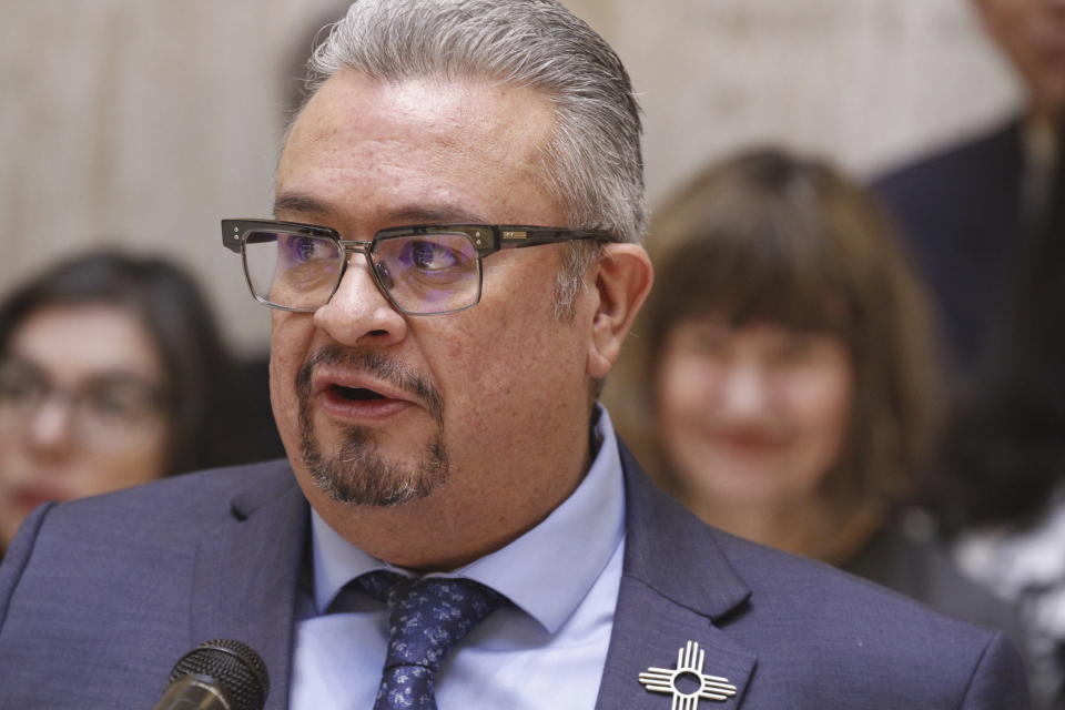 Democratic state Sen. Leo Jaramillo of Espanola speaks about stalled efforts to ensure paid family and medical leave at a news conference in the state Capitol building in Santa Fe, N.M., on Thursday, March 16, 2023. (AP Photo/Morgan Lee)