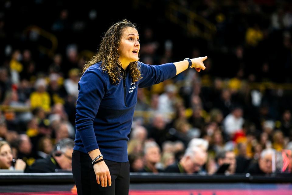 Penn State head coach Carolyn Kieger calls out instructions during a NCAA Big Ten Conference women’s basketball game against Iowa, Saturday, Jan. 14, 2023, at Carver-Hawkeye Arena in Iowa City, Iowa.