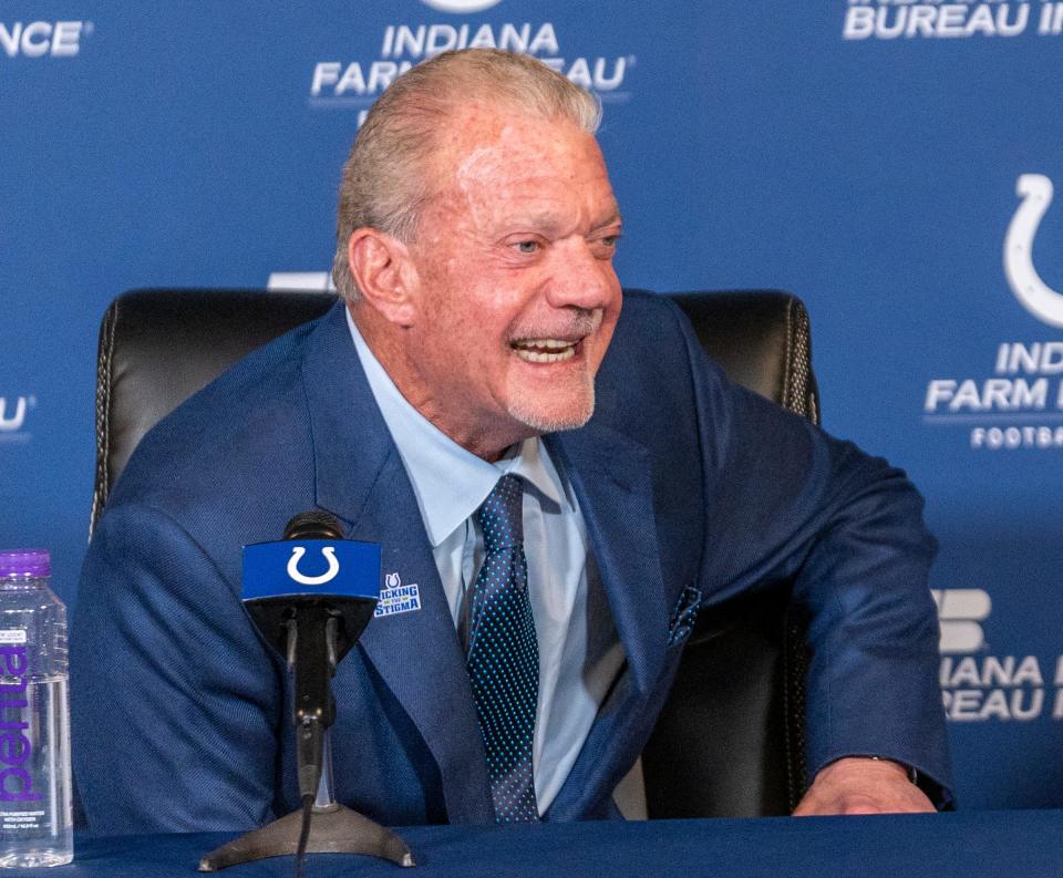 Colts owner Jim Irsay smiles on Monday, Nov. 7, 2022, during a press conference at the Colts headquarters in Indianapolis. 