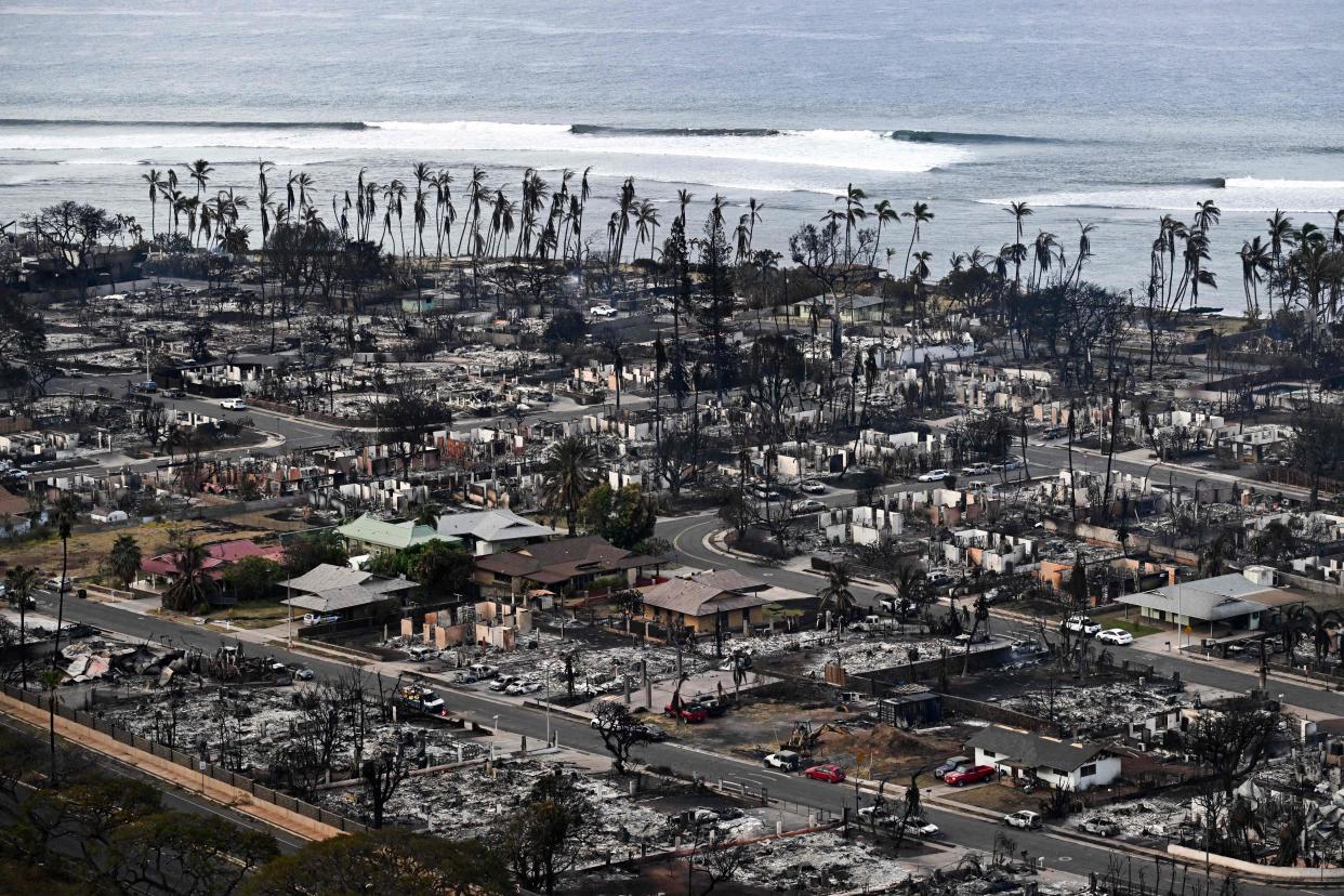 A coastal strip of Lahaina, Hawaii, with large numbers of houses leveled and a fringe of palm trees on the shore.