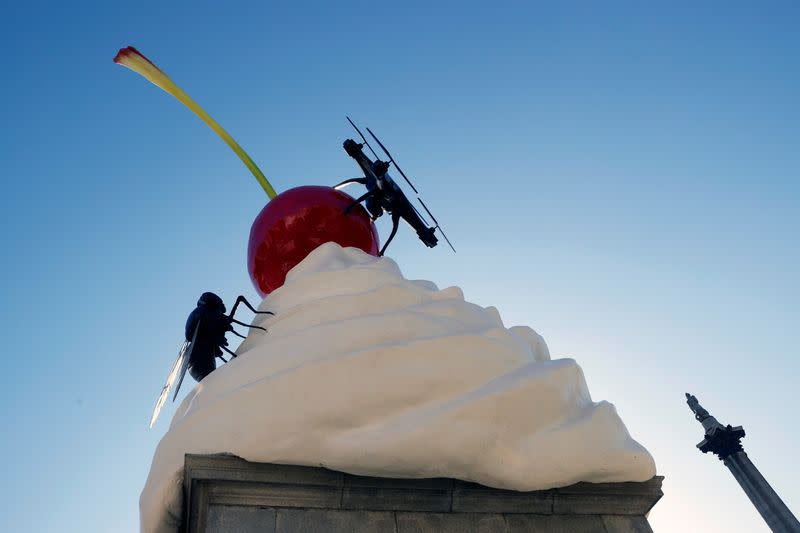 Heather Phillipson's sculpture ''THE END'' is seen after it was unveiled on Trafalgar Square's Fourth Plinth, in London