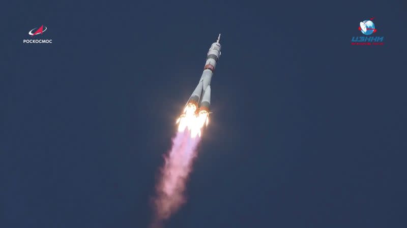 Soyuz MS-17 spacecraft carrying ISS crew blasts off from the launchpad at the Baikonur Cosmodrome