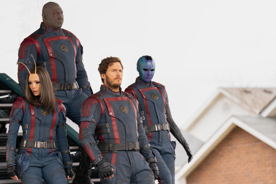 (L-R): Pom Klementieff as Mantis, Dave Bautista as Drax, Chris Pratt as Peter Quill/Star-Lord, and Karen Gillan as Nebula in Marvel Studios' Guardians of the Galaxy Vol. 3. Photo by Jessica Miglio. Â© 2023 MARVEL.