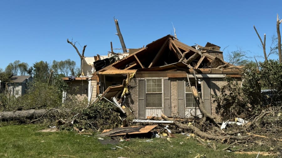 Damage at Timbercreek Townhouses in Portage the day after a tornado ripped through. (May 8, 2024)