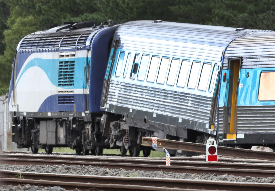The scene of an XPT train derailment in Wallan North, 45km north of Melbourne on Frida. Source: AAP