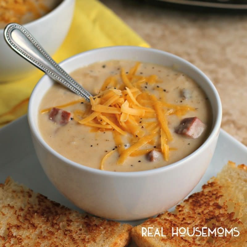 <p>This creamy, cheesy soup is the ultimate comfort food that tastes great in summer, too.</p><p><strong>Get the recipe: <a href="https://realhousemoms.com/slow-cooker-ham-and-potato-cheese-soup/" rel="nofollow noopener" target="_blank" data-ylk="slk:Ham and Potato Cheese Soup;elm:context_link;itc:0;sec:content-canvas" class="link ">Ham and Potato Cheese Soup</a></strong></p>