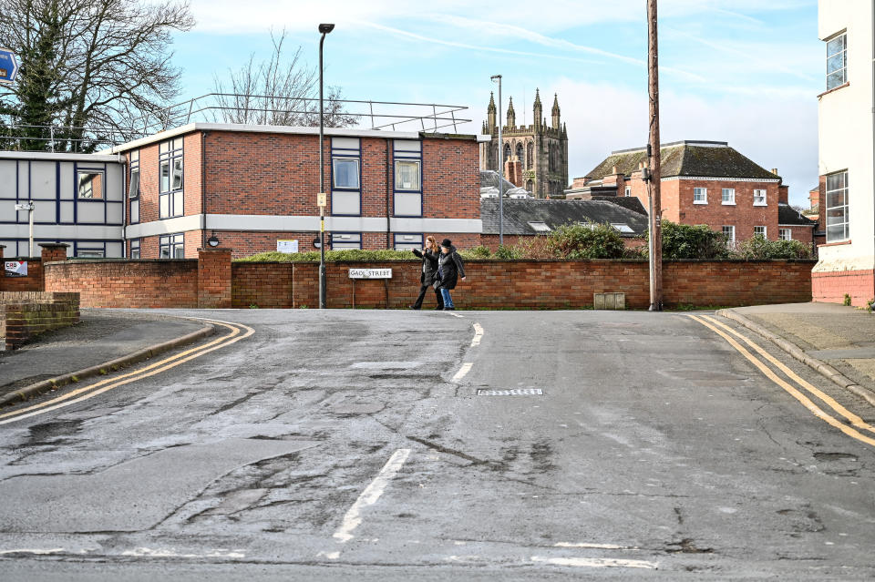 Gaol Street in Hereford. Photo released February 4 2024.  See SWNS story SWLNpotholes. People living in the pothole capital of England say the roads are so bad itâ€™s like â€œdriving over the moonâ€. A study found Hereford had more potholes than any other area in the country â€“ with 25,000 being reported to the council last year alone. Data reviewed from reports on the FixMyStreet platform found there was one pothole reported for every 127th resident in Hereford. Locals even say the pavements are â€œfalling apartâ€ with some saying they are too scared to venture out after dark in case they trip over.
